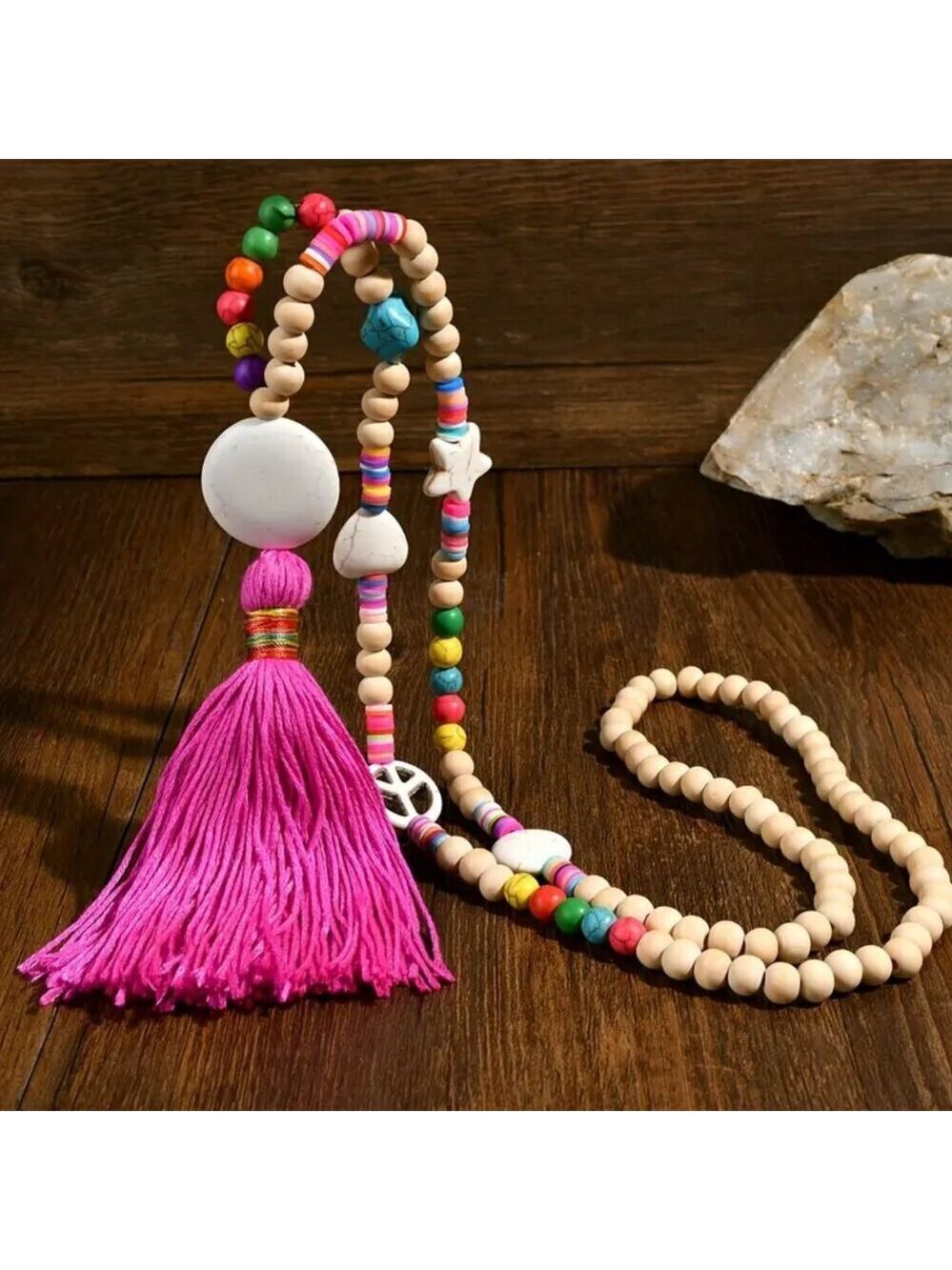 Handmade Boho Tassel Necklace with Wooden & Pink Stone Beads – 35" Long